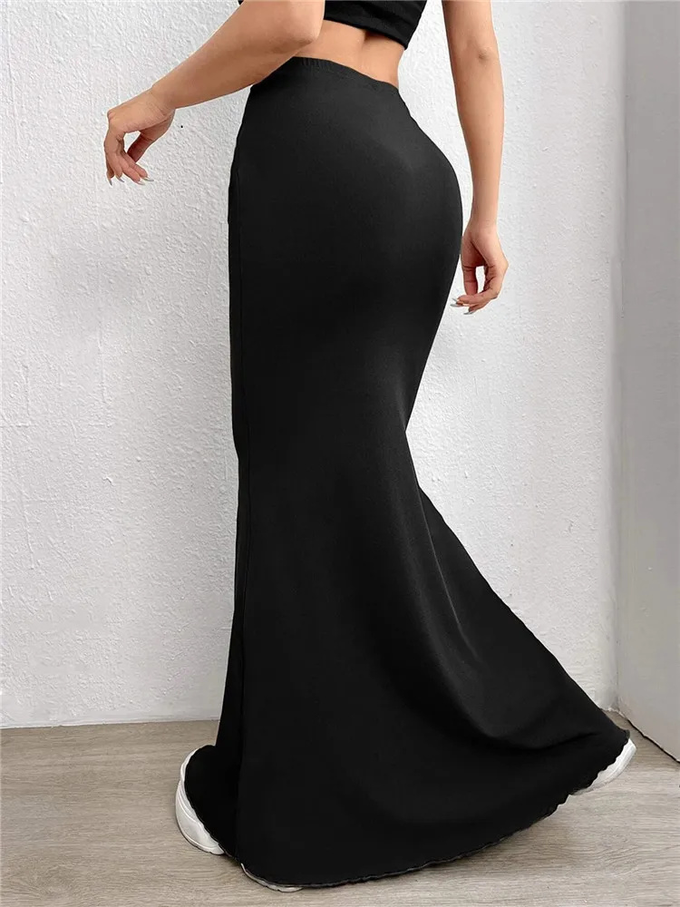 Sexy Solid Bodycon Ruched Long Skirt Women Black Elastic Elegant High Waist Mermaid Maxi Skirt Summer Streetwear