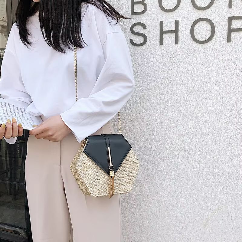 Boho Straw Rattan Shoulder Bag – Hexagon Handmade Woven Summer Handbag with Leather Strap