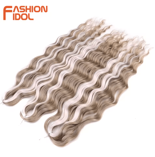 FASHION IDOL 24-Inch Ombre Rainbow Water Wave Crochet Hair, Synthetic Deep Wave Braiding Extensions