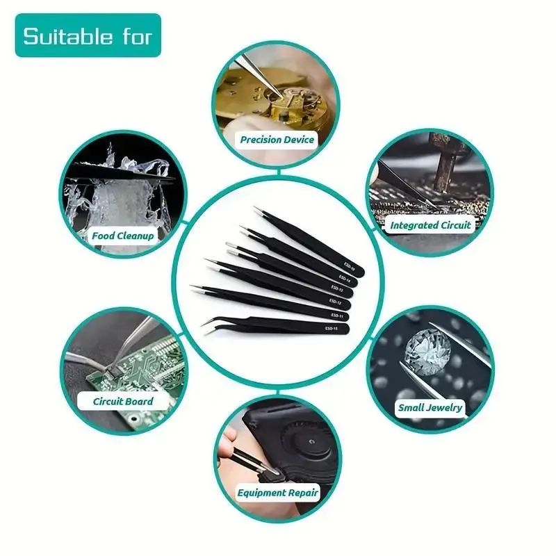 6 Pcs Precision Long ESD Stainless Steel Tweezers Set for Electronics and Repair