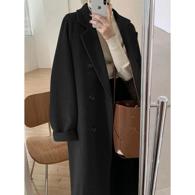 Elegant Women's Woolen Coat, Autumn Winter Mid Length Hepburn Style, Loose Fit Thickened Outerwear