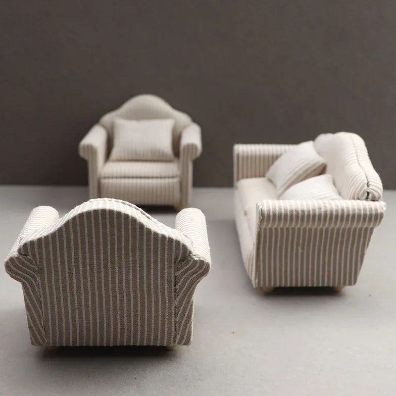Cozy Neutral Dollhouse Mini Sofa Set with Pillows for Miniature Living Room Decor