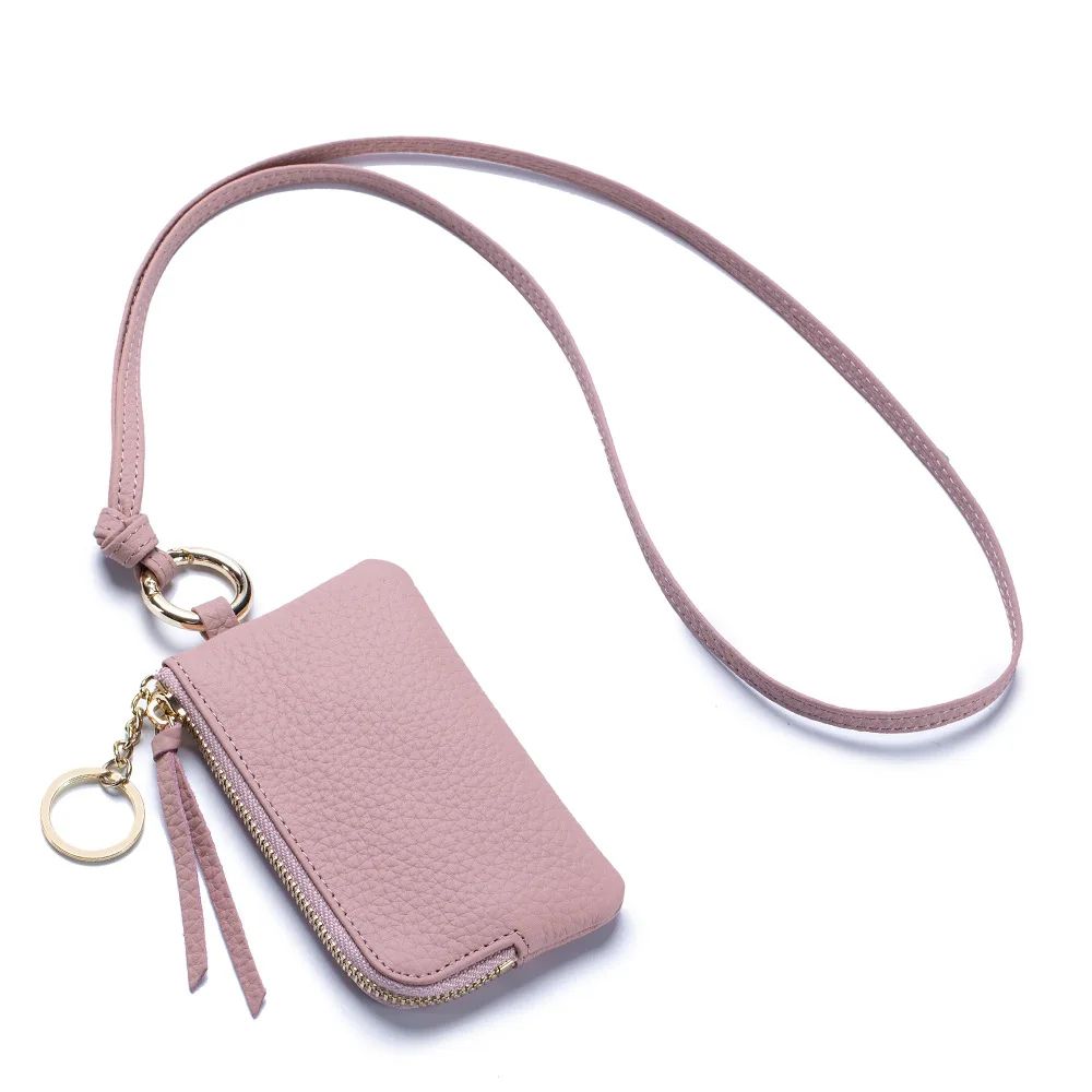 Genuine Leather Keychain Wallet Mini Card Holder with Zipper Coin Pouch