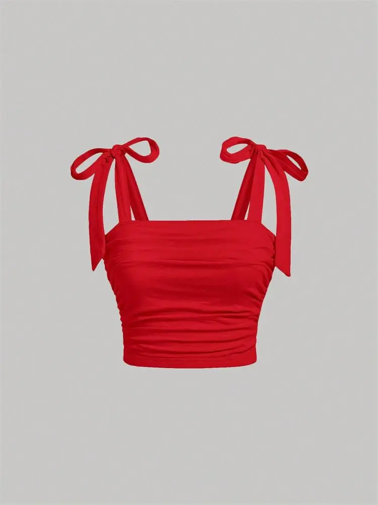 Pink Backless Camis Top, Solid Tie Shoulder Ruched Design, Wide Strap Slim Fit Crop Top, Summer Women Clothing