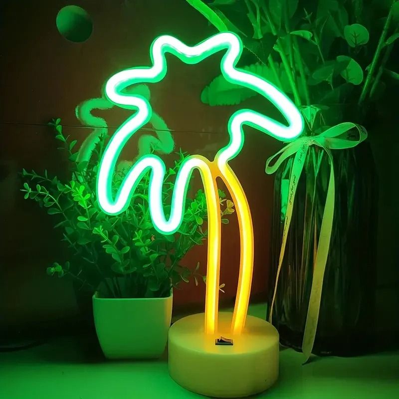 Coconut Tree Neon LED Sign with Base and USB or Battery Power for Room Decor and Parties