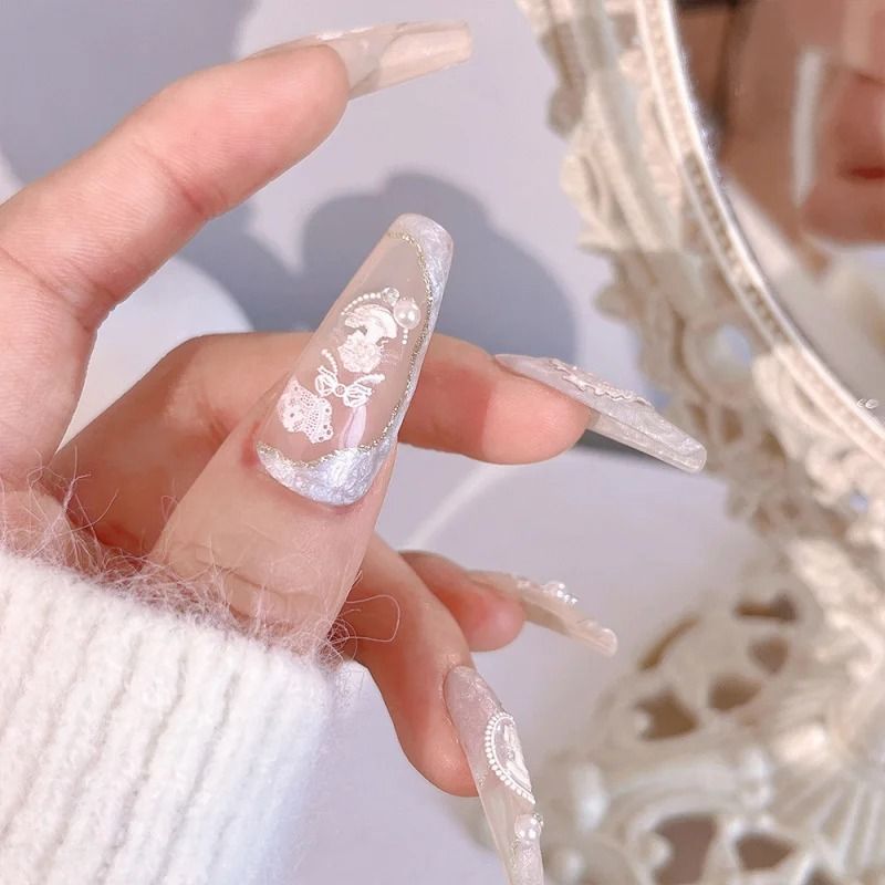 Baroque Pearl Nail Stickers With Iridescent Shell And Lace Pattern