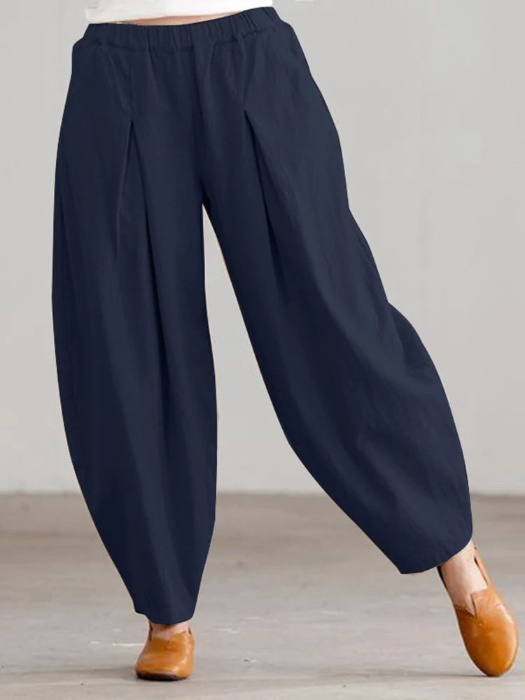 Women Summer Cotton Wide Leg Pants Elastic Waist Loose Casual Trousers