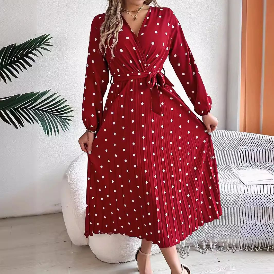 Elegant Polka Dot Maxi Dress – V-Neck Long Sleeve Pleated High Waist Swing Dress