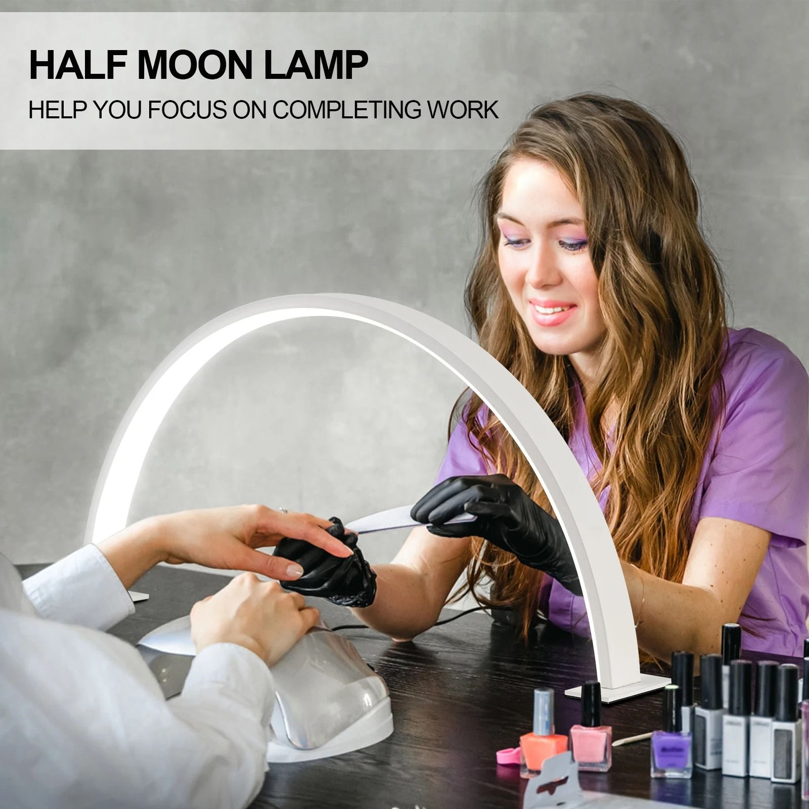 Portable LED Half-Moon Nail Light | Professional Beauty Salon Work Lamp with 10-Level Dimming & 3 Color Tones