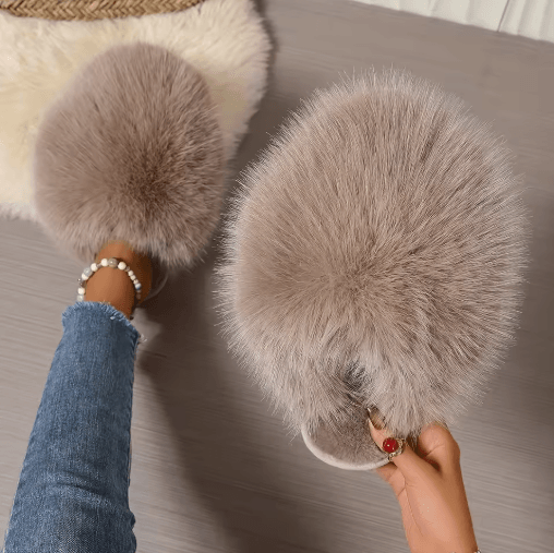 Womens Elegant Faux Fur Slippers Korean Style Warm Indoor Outdoor House Shoes