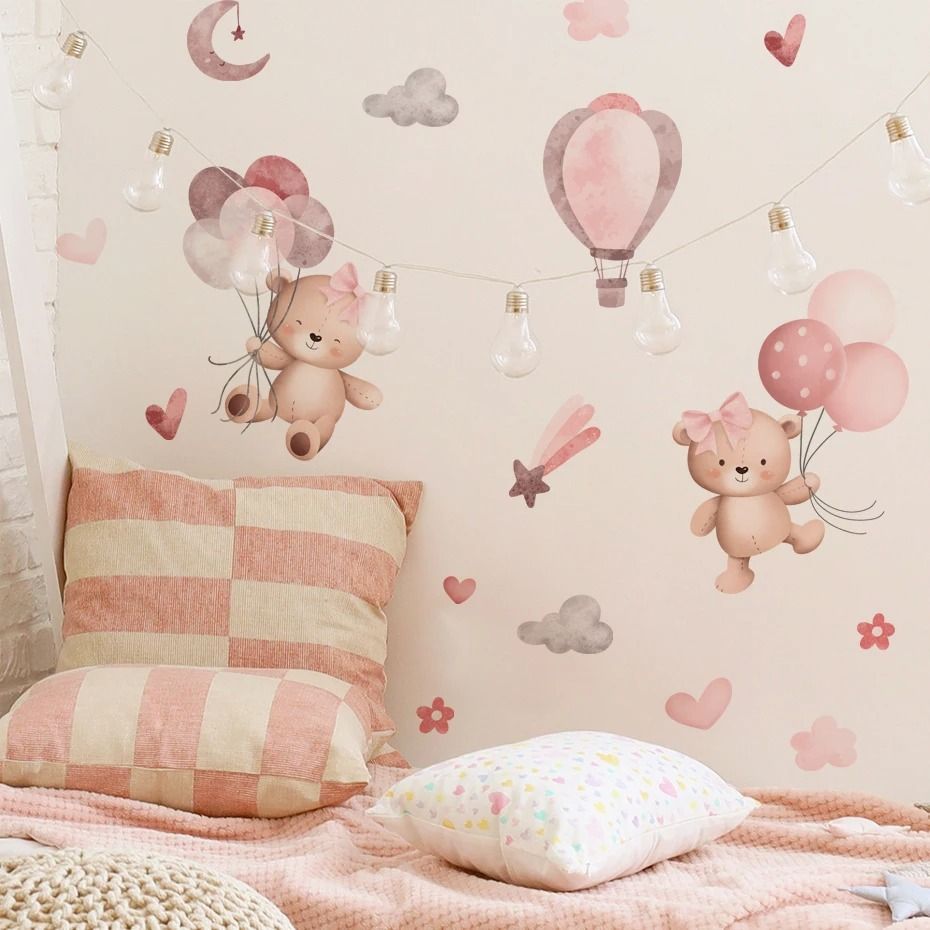 Whimsical Architectural Pink Bear and Balloon Nursery Wall Decals