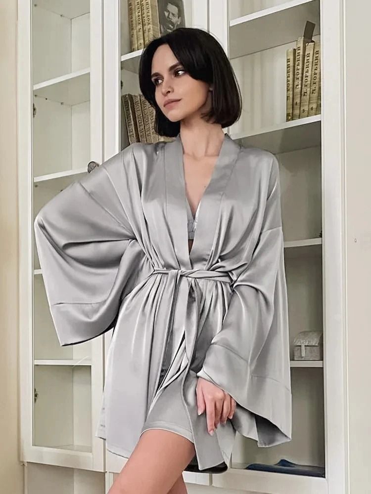Sexy Flare Sleeve Dressing Gown – Professional V-Neck Nightwear & Loose Black Robe with Sashes