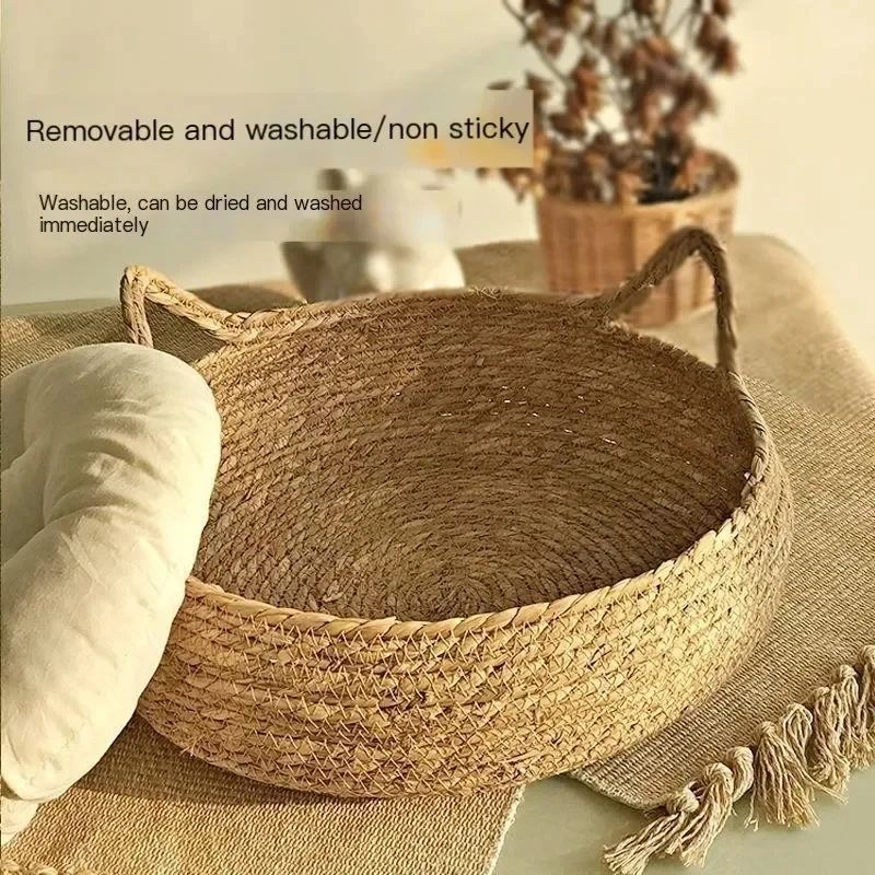 Handwoven Rattan Cat Bed with Removable Cushion – Cozy All-Season Cat Nest Baske