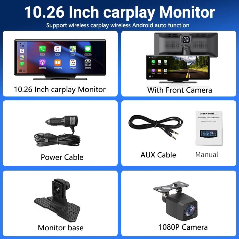 11.26 Inch Touchscreen Car Multimedia Video Player with Dual Lens DVR and Wireless CarPlay