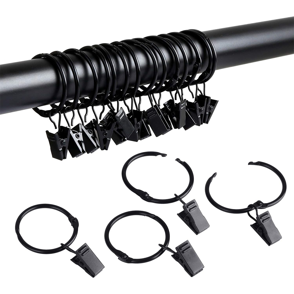 Black Curtain Hooks Hangers, Metal Curtain Rings with Clips, Drapery Clips