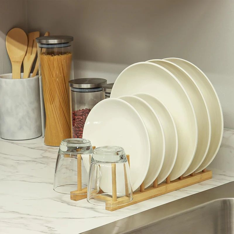 Bamboo Dish Drying Rack Organizer – Plate Drying Rack with Cup & Pan Lid Holder