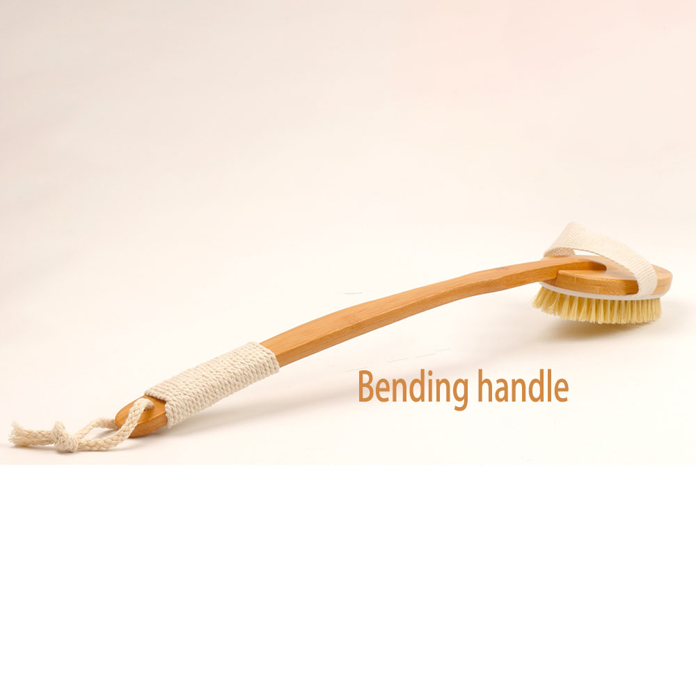 Bamboo Bath Brush with Long Curved Handle Pig Mane Back Scrubber for Massage Cleaning Foldable