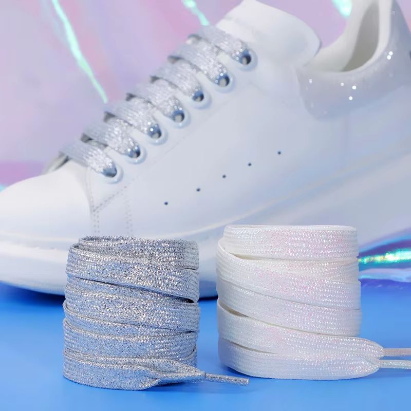 Glitter Shoelaces Shiny Flat Shoe Laces in Gold and Silver 0.39in Width for Sneakers and Boots