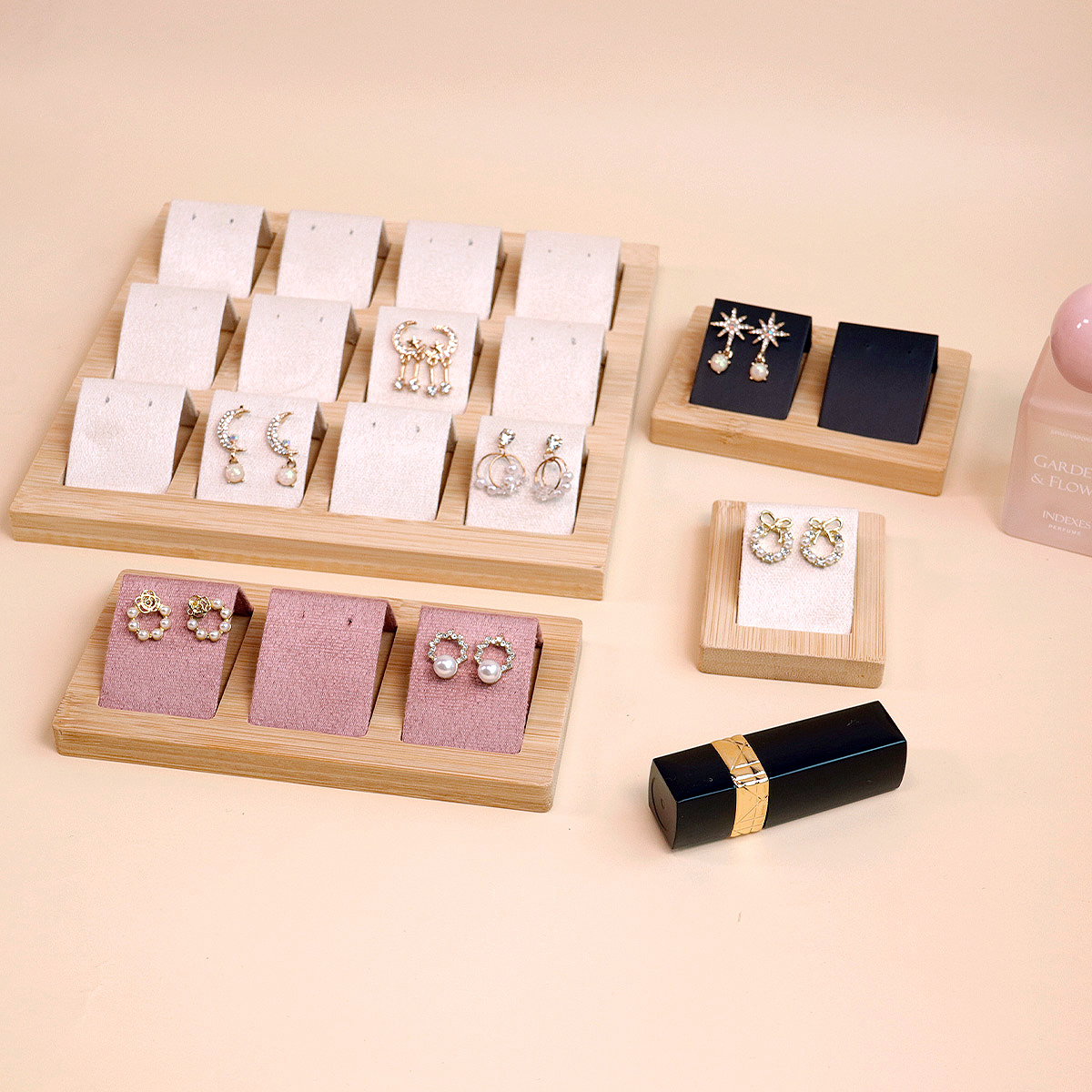 DIY Velvet PU Leather Jewelry Storage Tray Bamboo Wood Earrings Display Stand for Window Counter