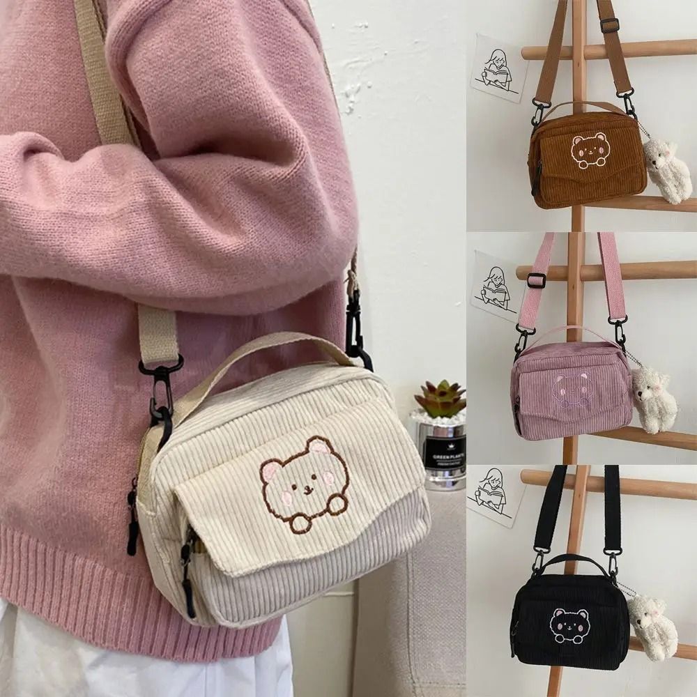 Personalized Cute Bear Embroidered Corduroy Bag