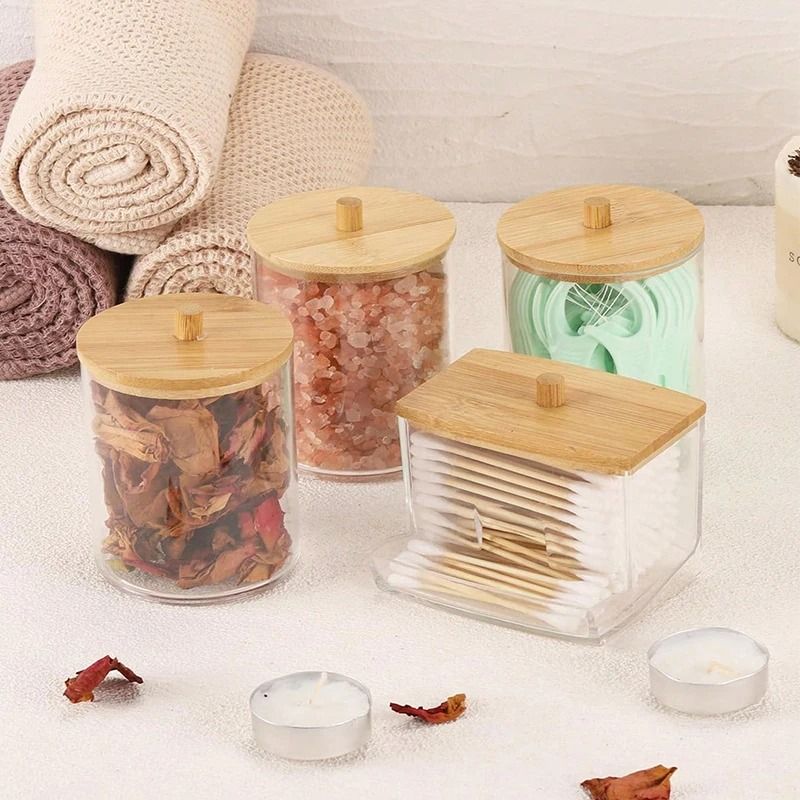 7 Oz Cotton Swab and Pad Holder with Wood Lid