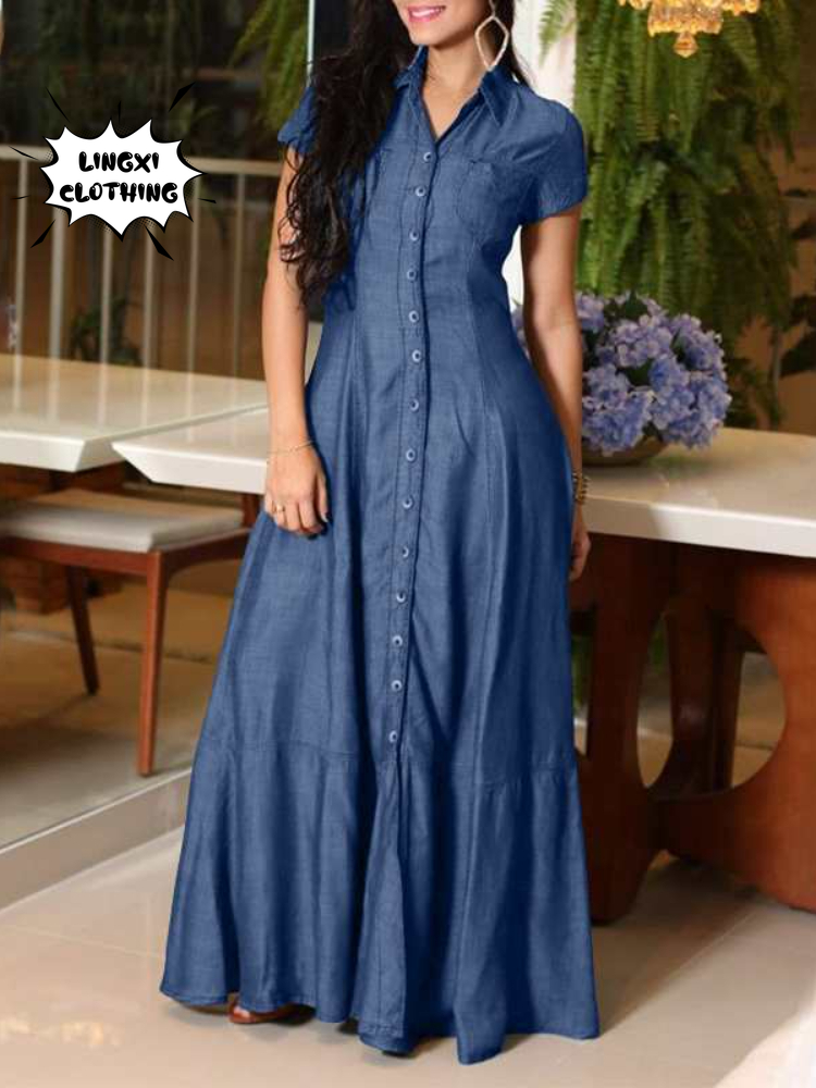 Casual Elegant Denim Dress with Long Sleeve Shirt Neck Pocket Large Swing and Single Breasted Design