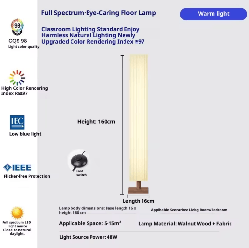 Fabric LED Floor Lamp Decorative Wooden Standing Light for Living Room and Bedroom