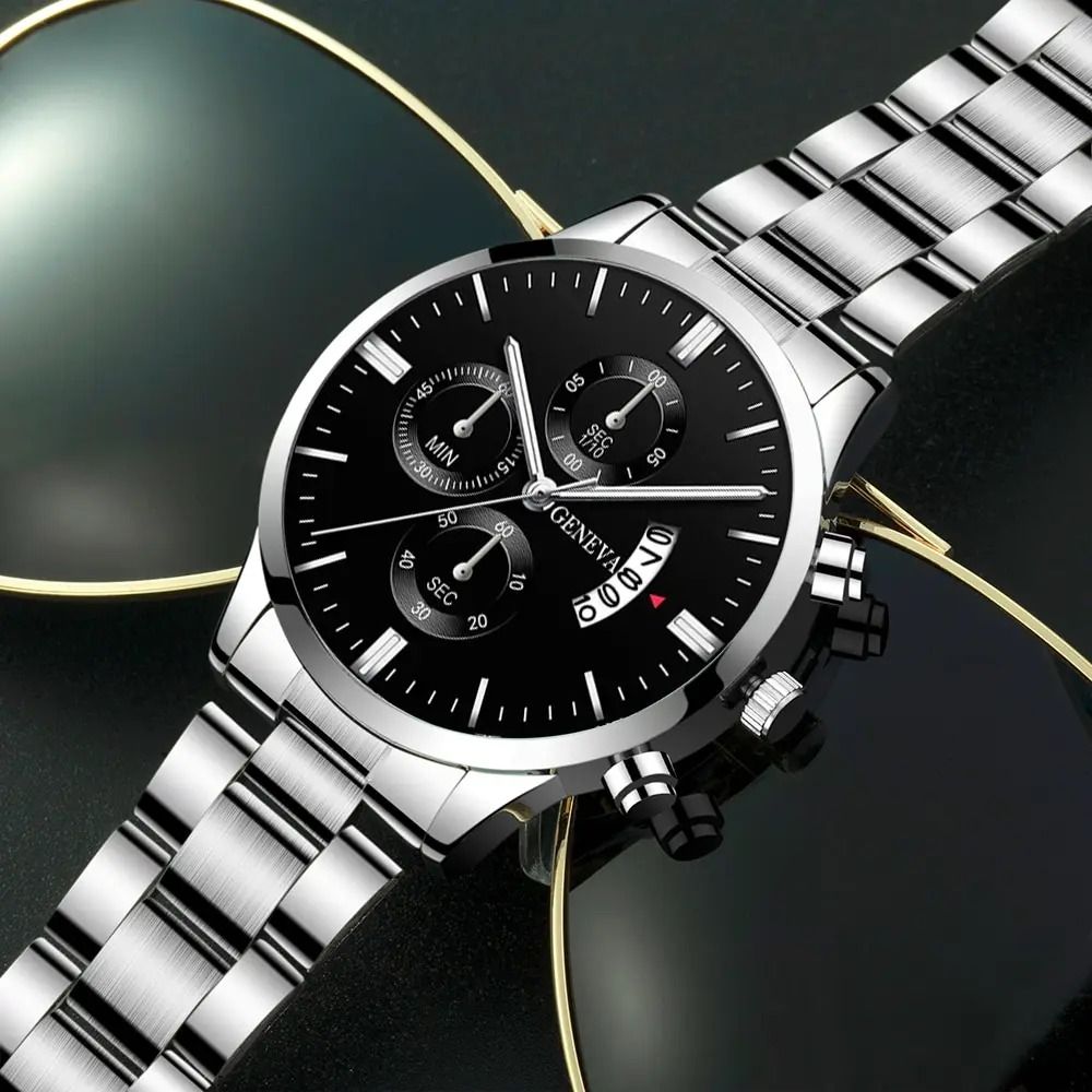 Mens Luxury Watch Stainless Steel Wrist Watch Quartz Business Calendar Silver