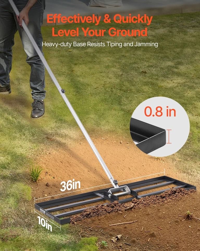 Heavy Duty Lawn Leveling Rake Adjustable Handle for Yard & Garden, Durable Carbon Steel Tool