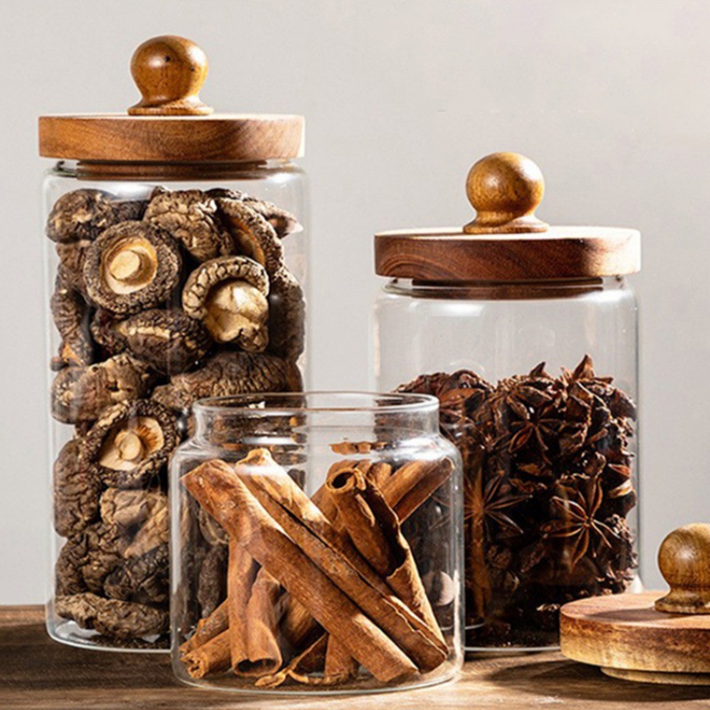 Glass Food Storage Jar with Airtight Wood Lid for Coffee Beans Nuts Spice and Candy