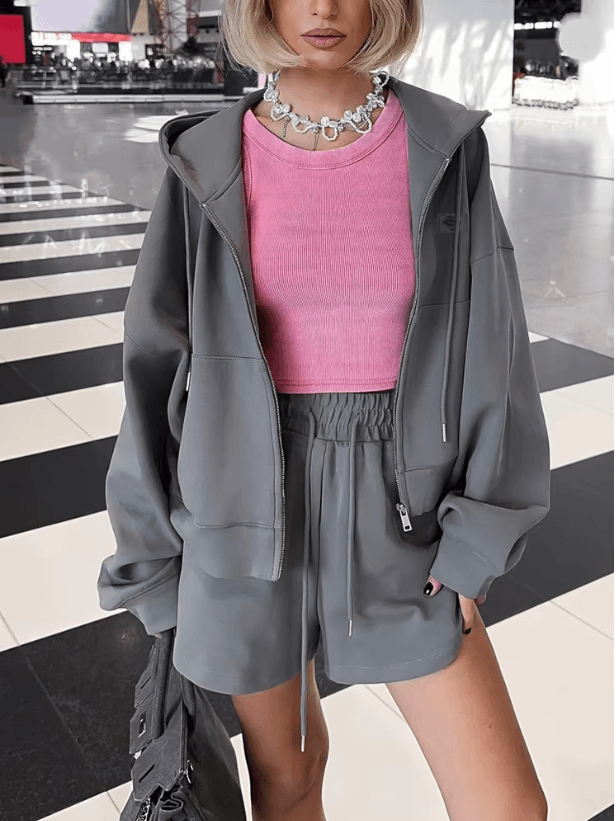 Cotton Oversized Pink Shorts Set for Women Two Piece Summer Lounge Outfit