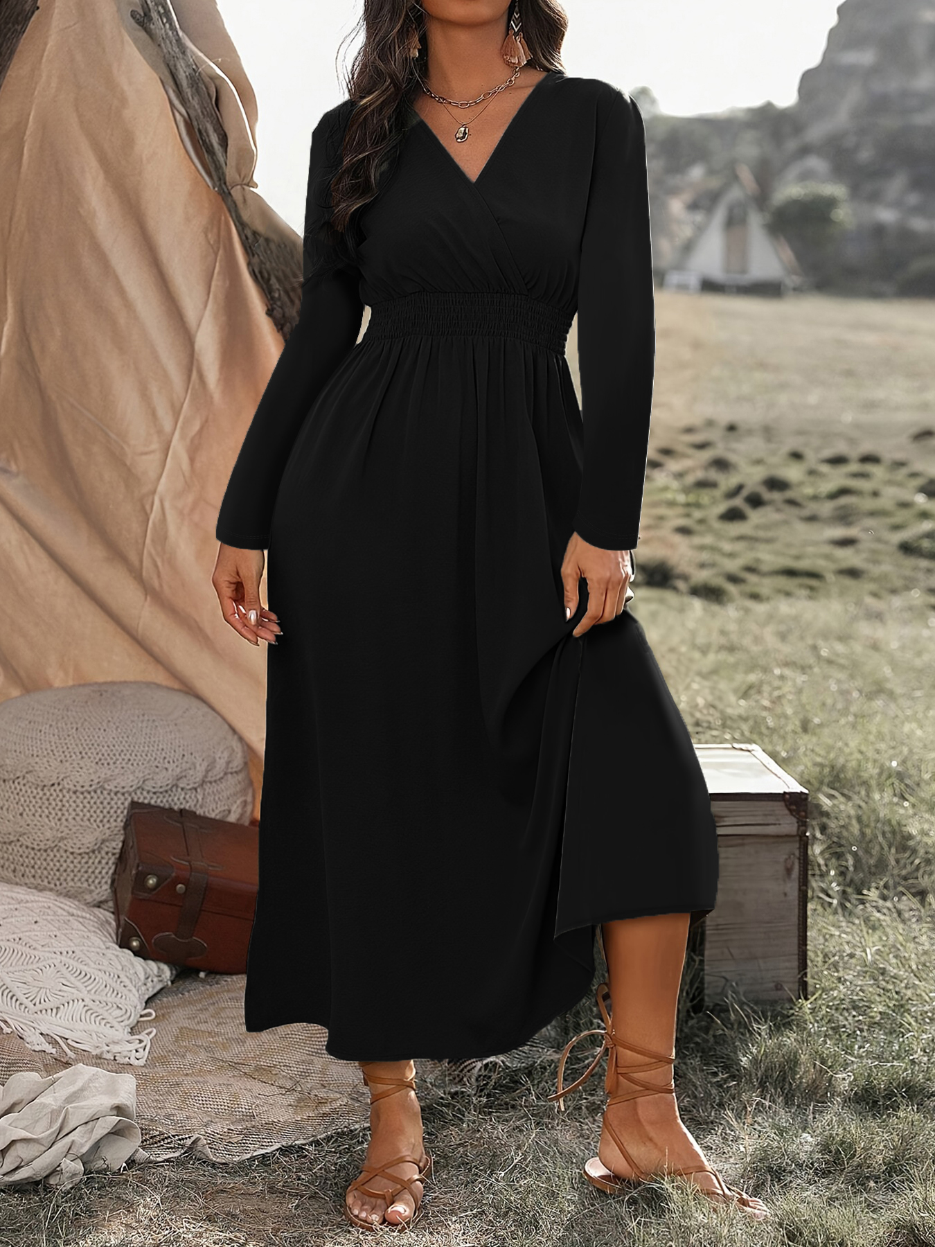 Fashion V-Neck Plus Size Tunic Long Sleeve Dress for Autumn