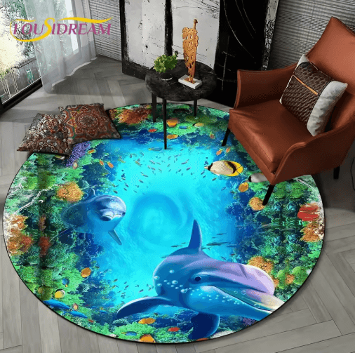 3D Ocean Dolphin Area Rug – Non-Slip Underwater Illusion Round Carpet
