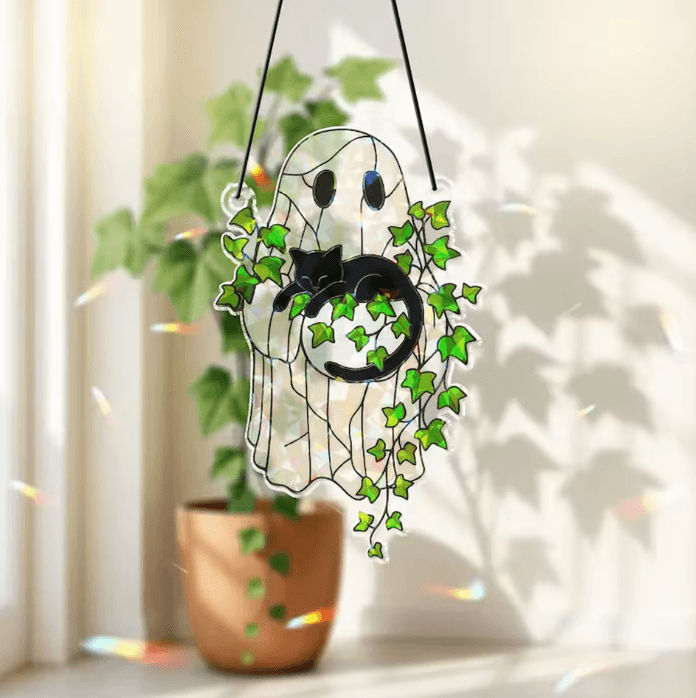Cute Halloween Ghost Acrylic Suncatcher – Black Cat Window Hanging Ornament