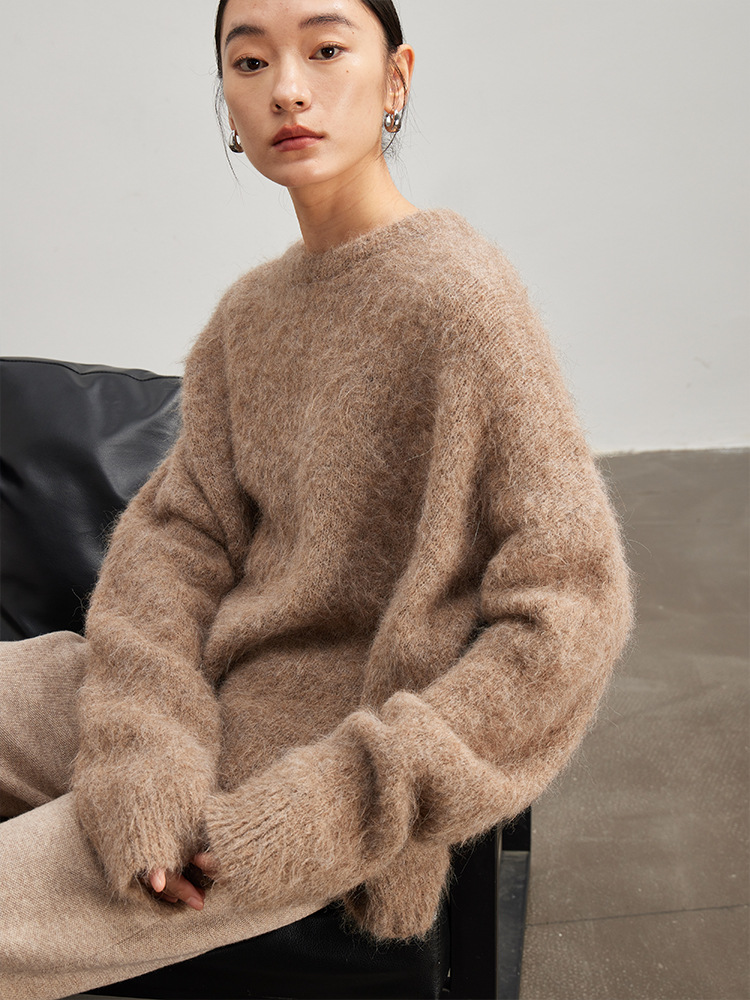 Dropped Sleeved Loose Sweaters, Warm Alpaca Pullovers for Women, Camel Beige Winter Fall Top