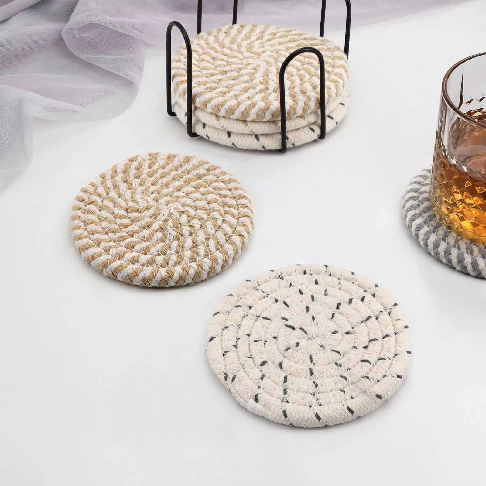 8Pcs Absorbent Woven Fabric Cup Coaster Set with Holder Farmhouse Drink Coasters for Coffee and Tea