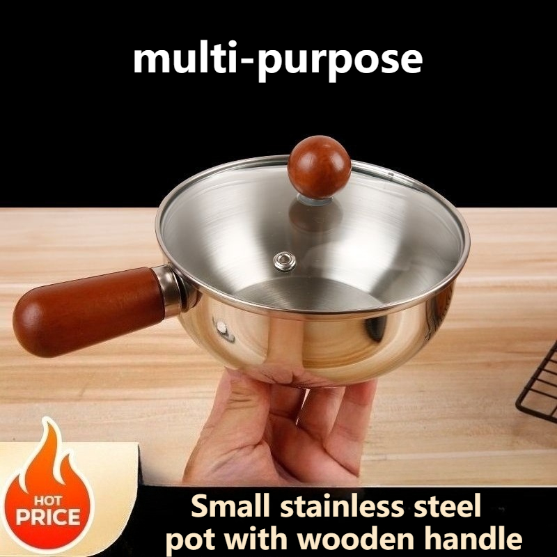 Stainless Steel Mini Pot with Wood Handle, Saucepan for Camping & Dorm Kitchens