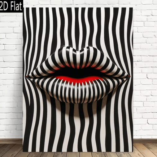 Abstract Striped Lip Art Print – Black & White Modern Canvas Wall Decor