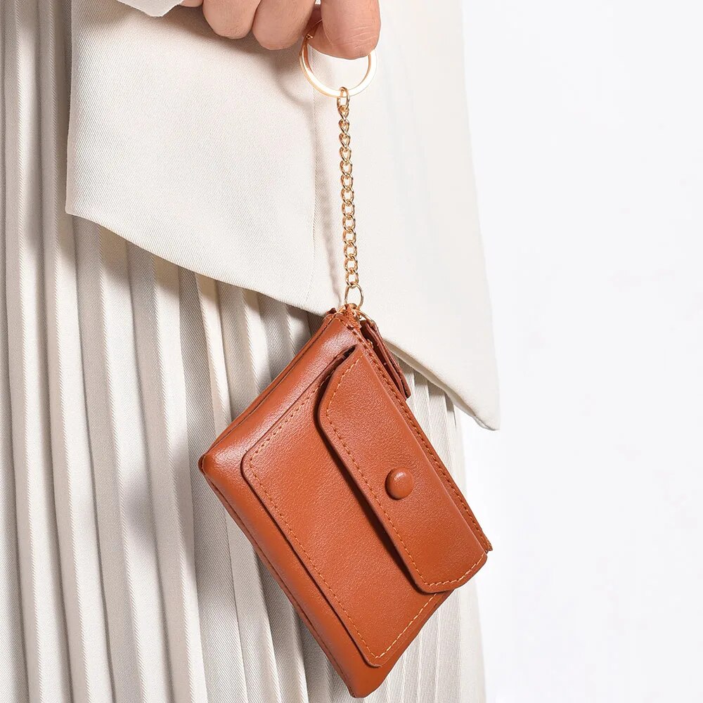 Leather Mini Short Wallet, New Fashion Women's Zipper Coin Wallet, Credit Card Keychain Wallet