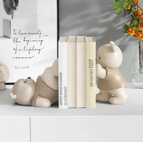 CozyBear Cream Bookend Figurine Cute Resin Bear Shelf Decor for Bookcase, Living Room & Gift Display