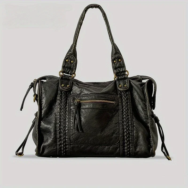 Black Leather Tote Bag with Braided Trim, Gold Rivets Design, Top Handle Work Purse for Women with Front Zipper Pocket