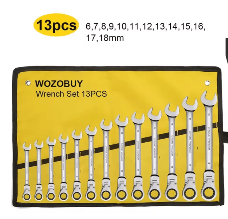Metric Ratcheting Combination Wrench Set with Flex Head and Carrying Bag