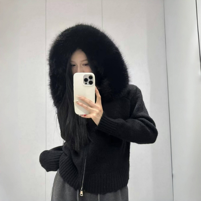 Women Fur Collar Autumn Sweater Coat Loose Fit Zipper Pullover