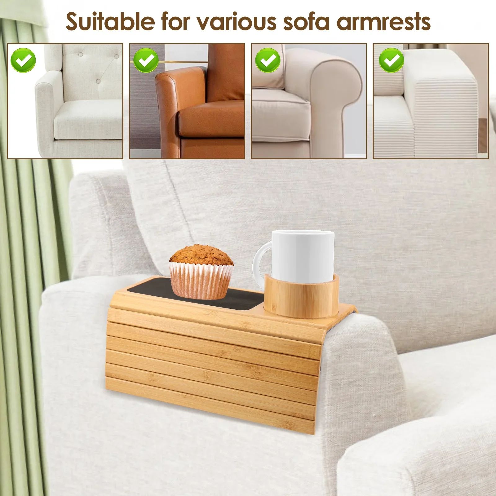 Bamboo Sofa Armrest Cup Holder Tray