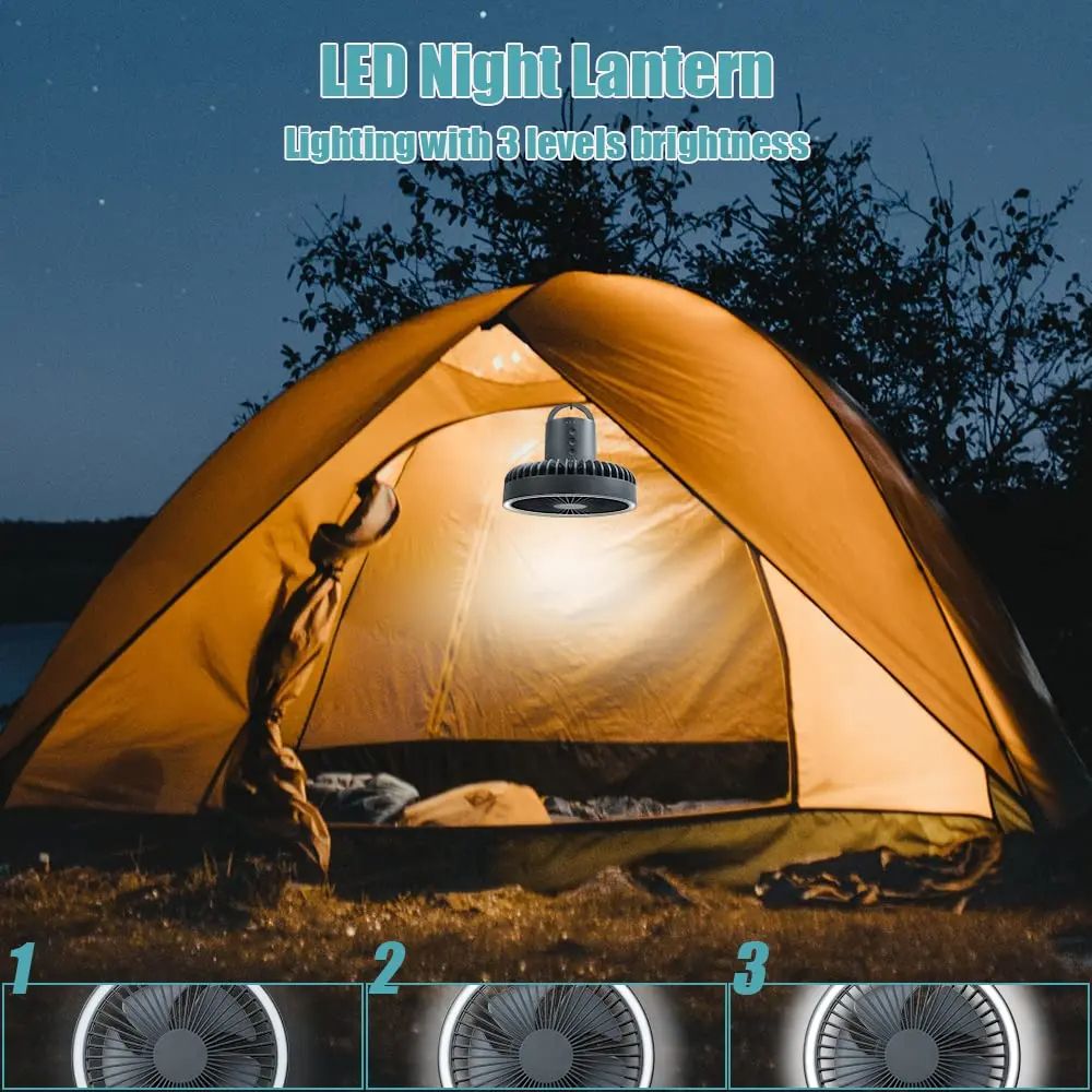 Camping Fan Rechargeable Desktop Portable Circulator, Wireless Ceiling Electric Fan with Power Bank & LED Light Outdoor