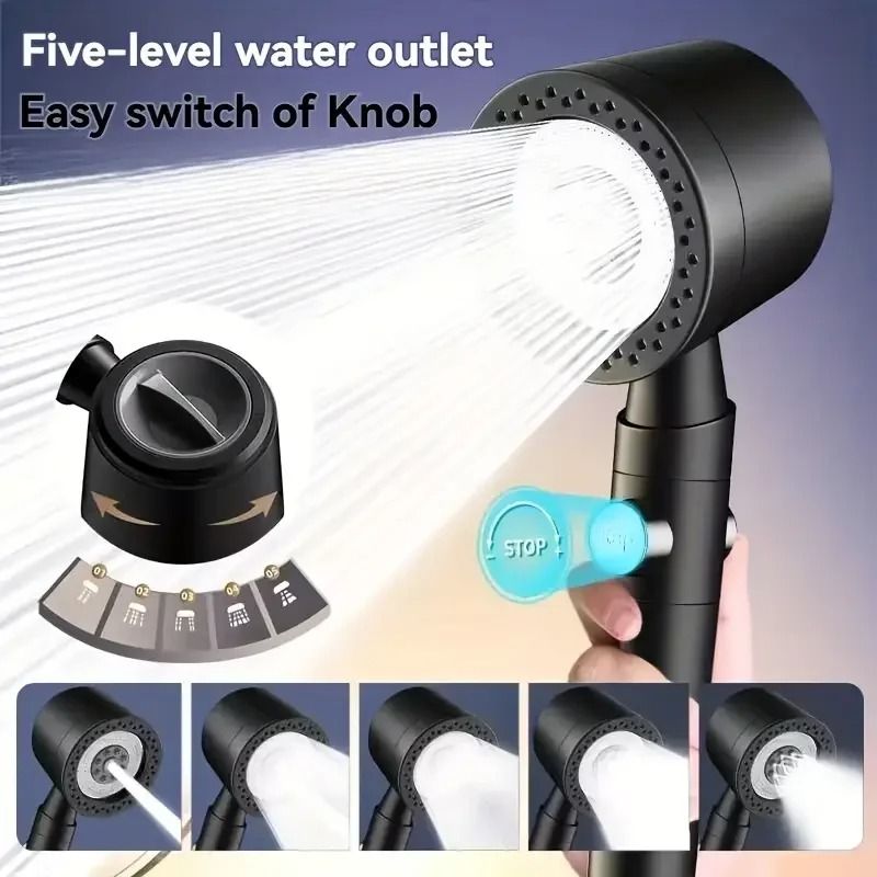 High Pressure Handheld Shower Head with 5 Spray Modes and One Button Water Stop for Bathroom Use