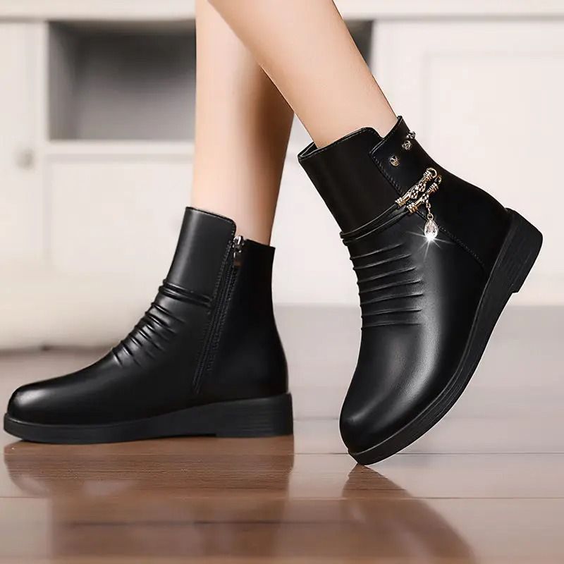 Leather Women Boots 2024 Winter Thick Wool Lined Genuine Leather Snow Boots