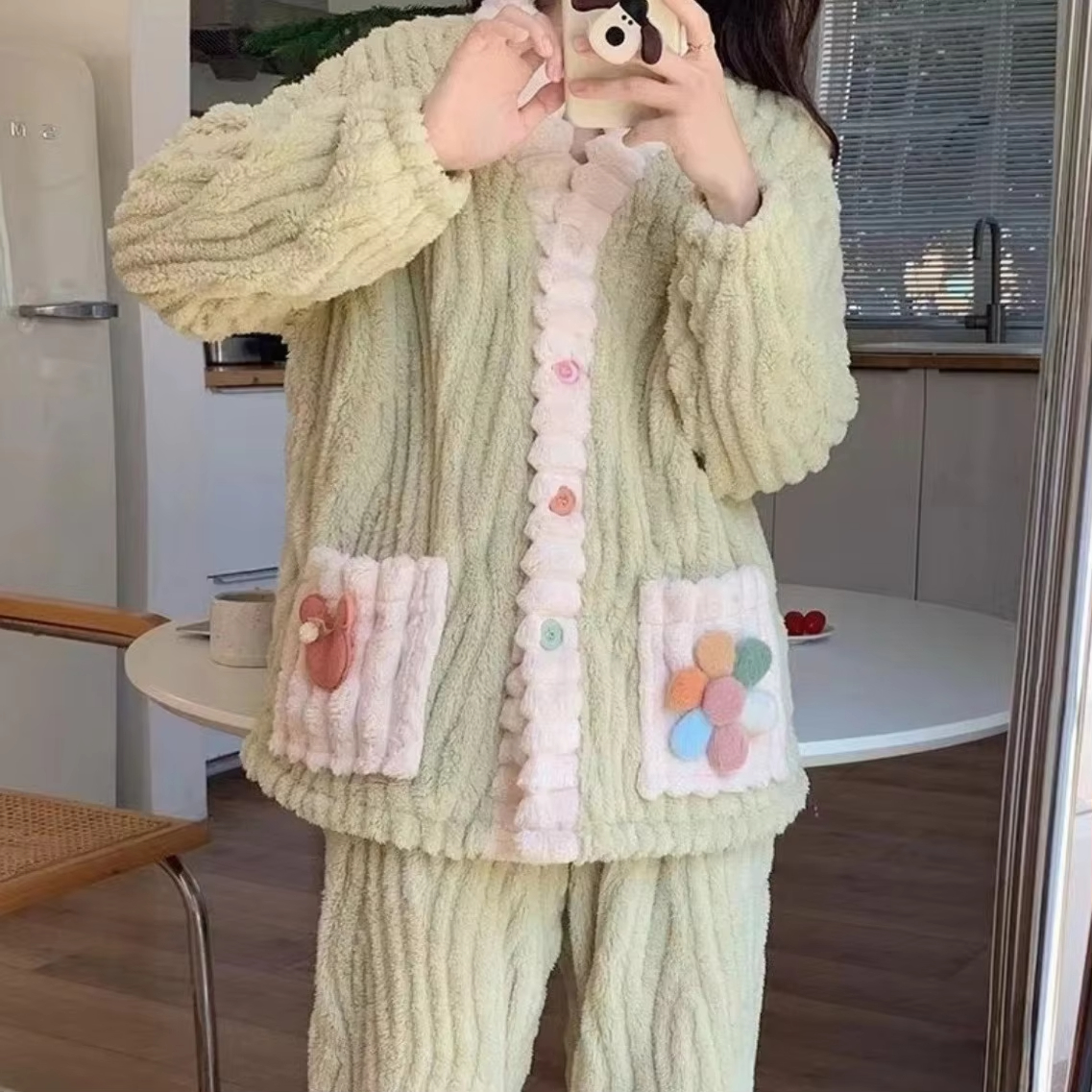 Cozy Thickened Warm Flannel Women Sleepwear, Winter Sweet Kawaii Soft Fairy Wind Loungewear Pajamas Cardigan Suit