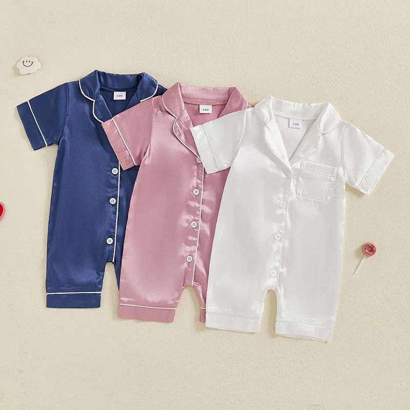 Pudcoco Baby Satin Pajama Jumpsuit | Premium Button-Up Toddler Sleepwear & Cute Short Sleeve Romper