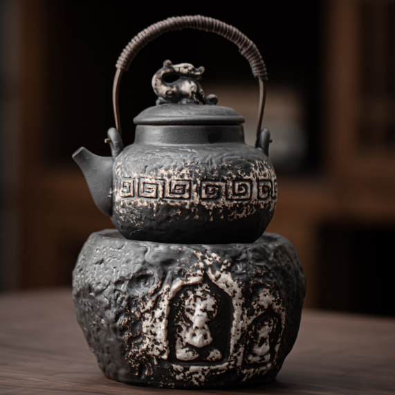 Buddha Tea Warmer Holder, Handmade Wabi Sabi Black Pottery, Kettle Stand, Carbon Furnace Tea Set, Candle Heater